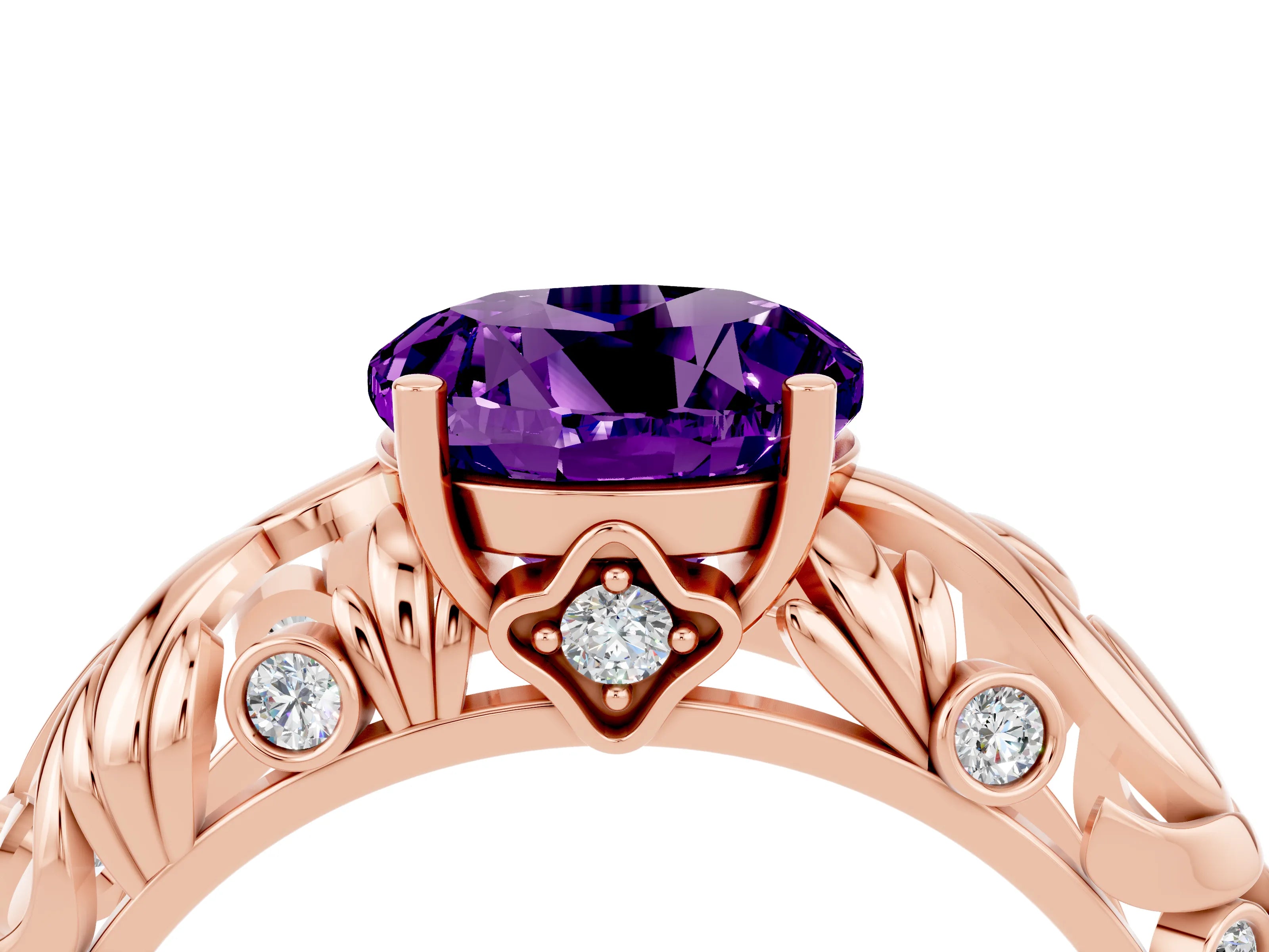 Rose gold Round Cut Solitaire Amethyst Leaf-Inspired Vine Band Ring with Prong Setting_4