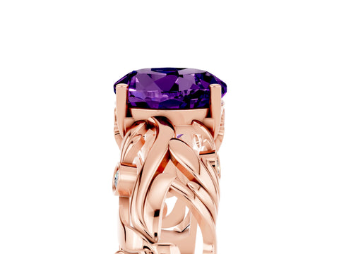Rose gold Round Cut Solitaire Amethyst Leaf-Inspired Vine Band Ring with Prong Setting_5
