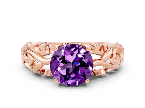 Rose gold Round Cut Solitaire Amethyst Leaf-Inspired Vine Band Ring with Prong Setting