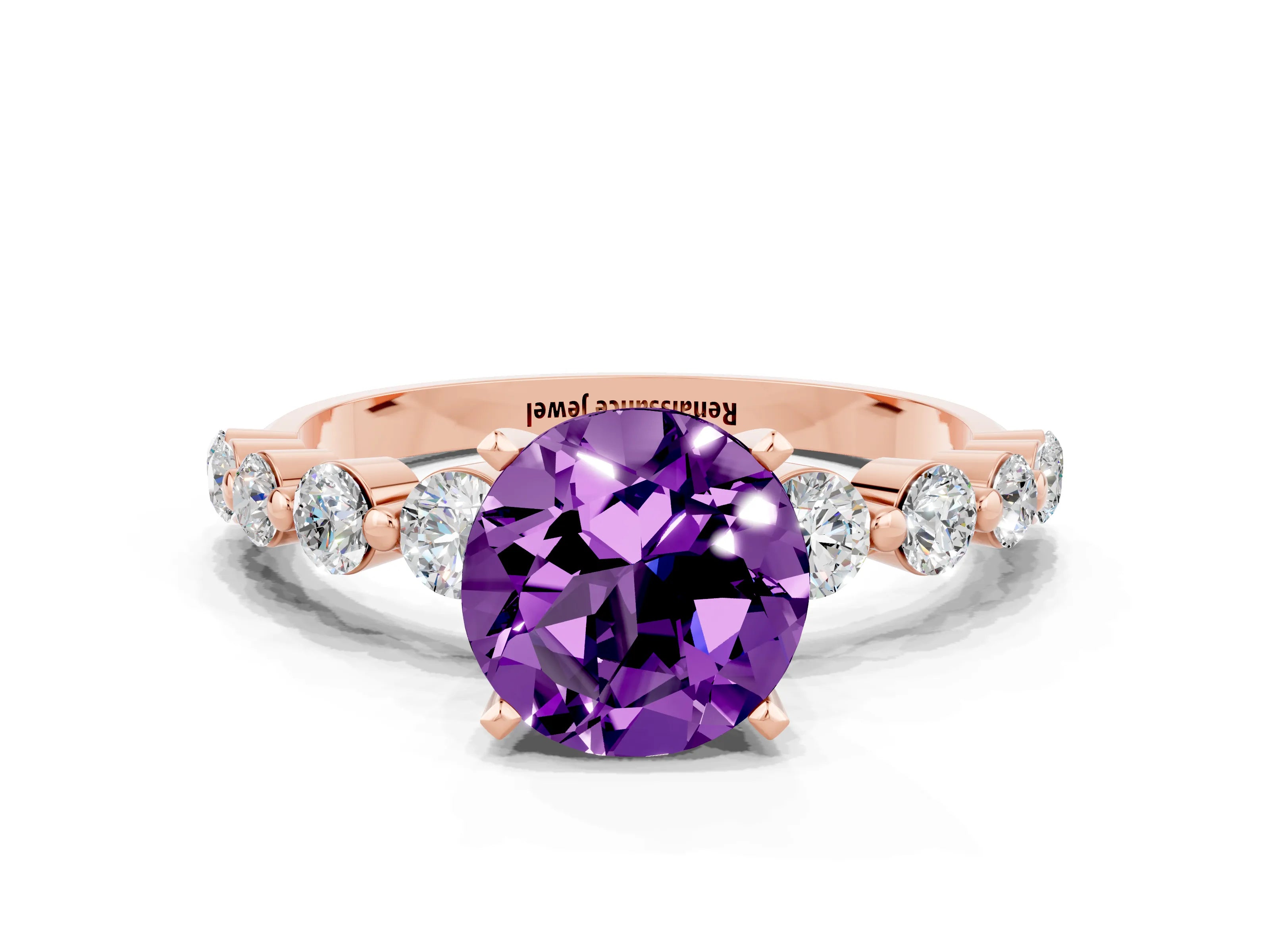 Rose gold Round Cut Solitaire Amethyst Ring with Pave Band and Four-Prong Setting