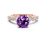 Rose gold Round Cut Solitaire Amethyst Ring with Pave Band and Four-Prong Setting