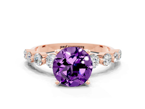 Rose gold Round Cut Solitaire Amethyst Ring with Pave Band and Four-Prong Setting