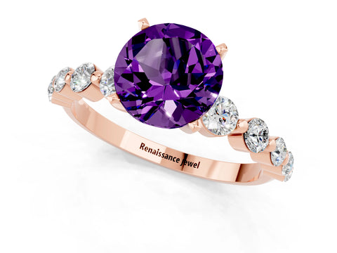 Rose gold Round Cut Solitaire Amethyst Ring with Pave Band and Four-Prong Setting_1