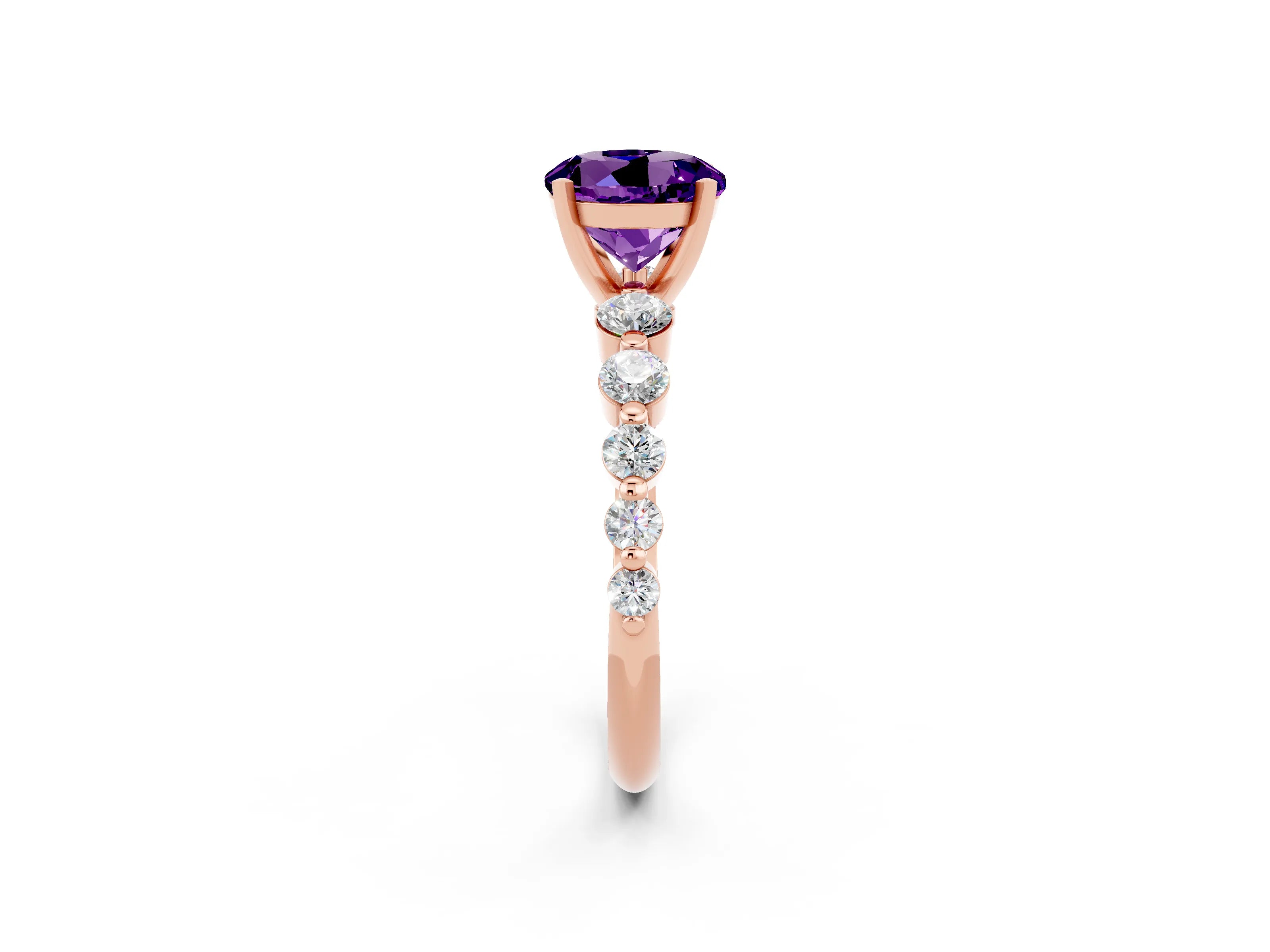 Rose gold Round Cut Solitaire Amethyst Ring with Pave Band and Four-Prong Setting_2