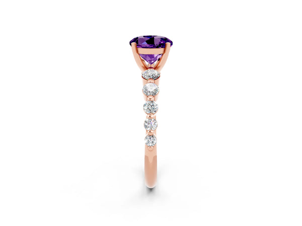 Rose gold Round Cut Solitaire Amethyst Ring with Pave Band and Four-Prong Setting