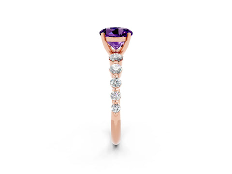 Rose gold Round Cut Solitaire Amethyst Ring with Pave Band and Four-Prong Setting_2