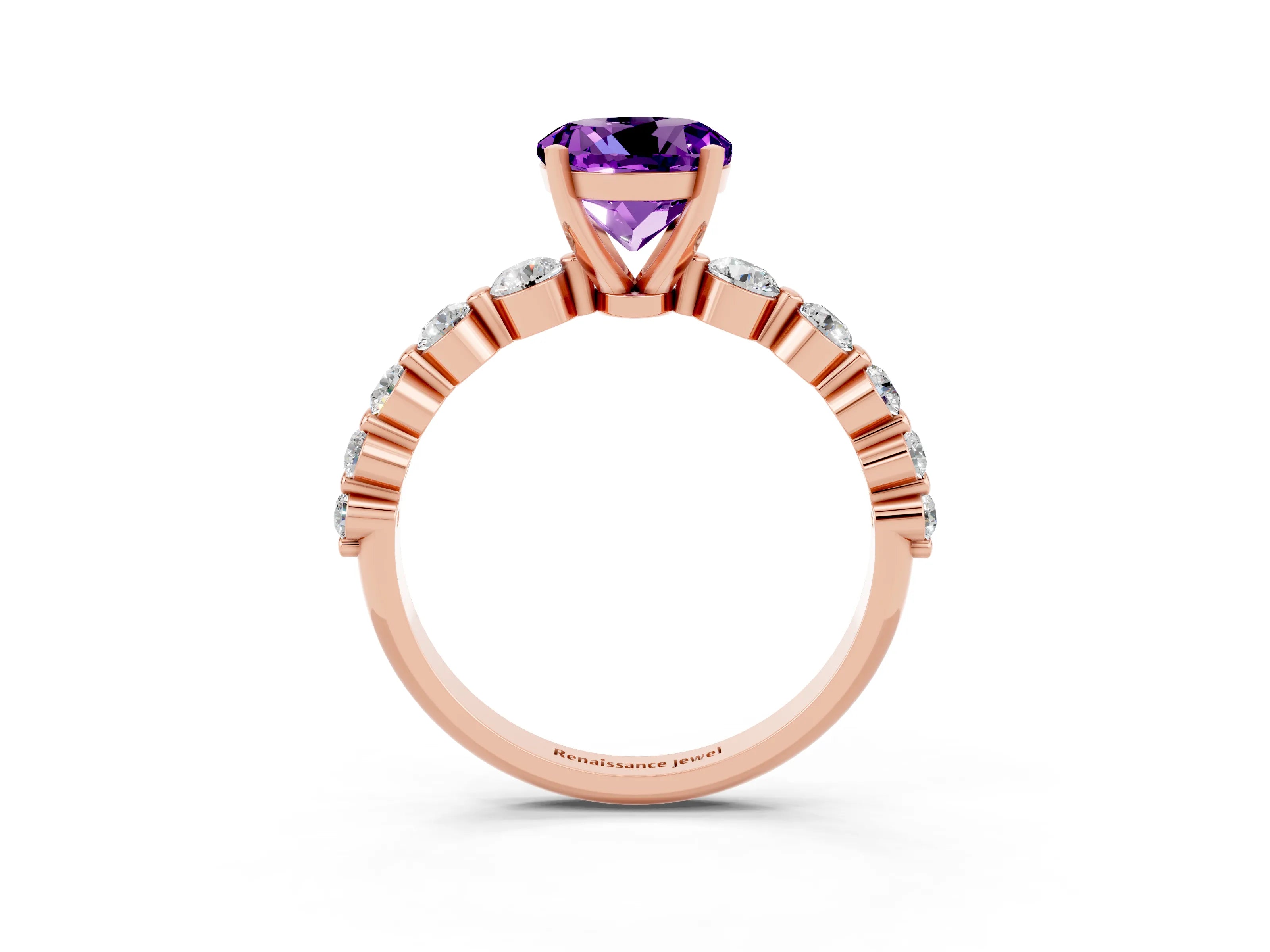 Rose gold Round Cut Solitaire Amethyst Ring with Pave Band and Four-Prong Setting_3