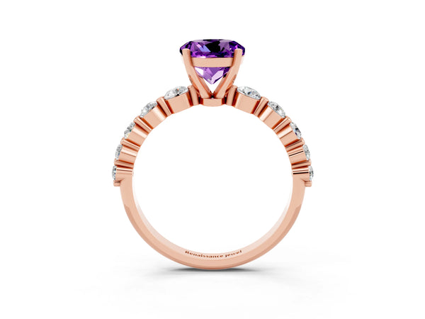 Rose gold Round Cut Solitaire Amethyst Ring with Pave Band and Four-Prong Setting