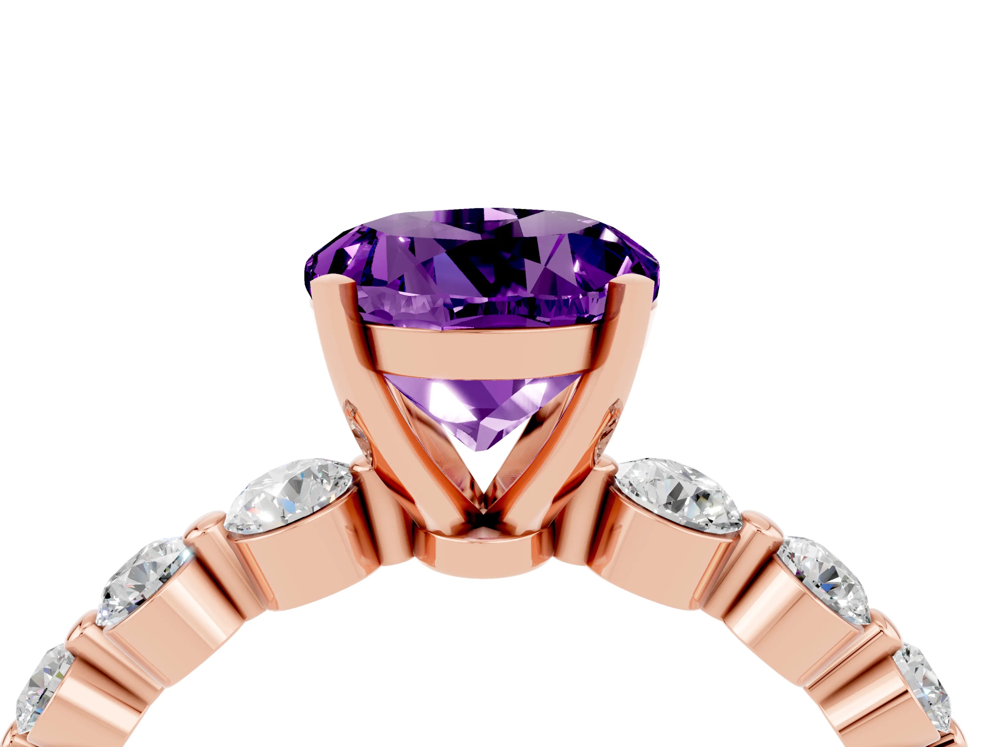Rose gold Round Cut Solitaire Amethyst Ring with Pave Band and Four-Prong Setting_4