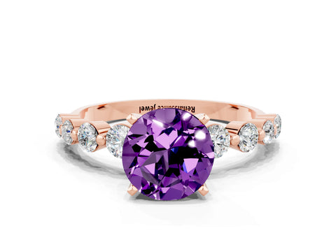 Rose gold Round Cut Solitaire Amethyst Ring with Pave Band and Four-Prong Setting
