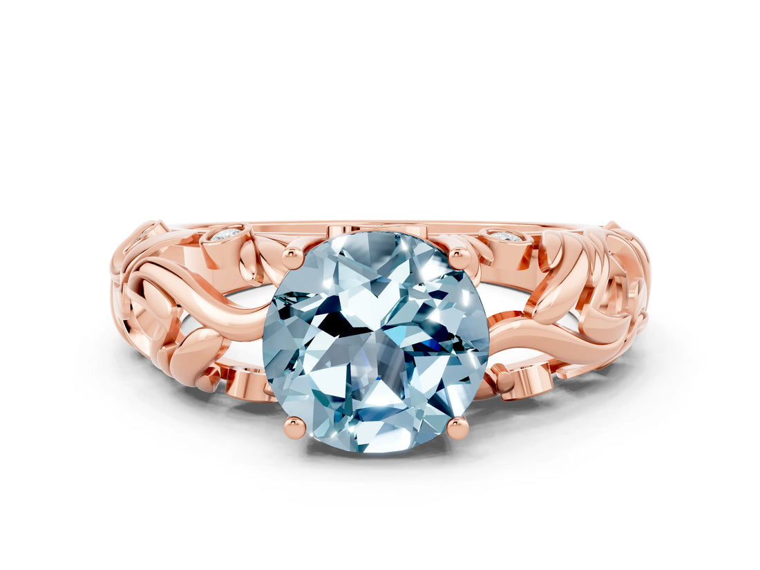 Rose gold Round Cut Solitaire Aquamarine Leaf-Inspired Vine Band Ring with Prong Setting