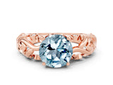 Rose gold Round Cut Solitaire Aquamarine Leaf-Inspired Vine Band Ring with Prong Setting