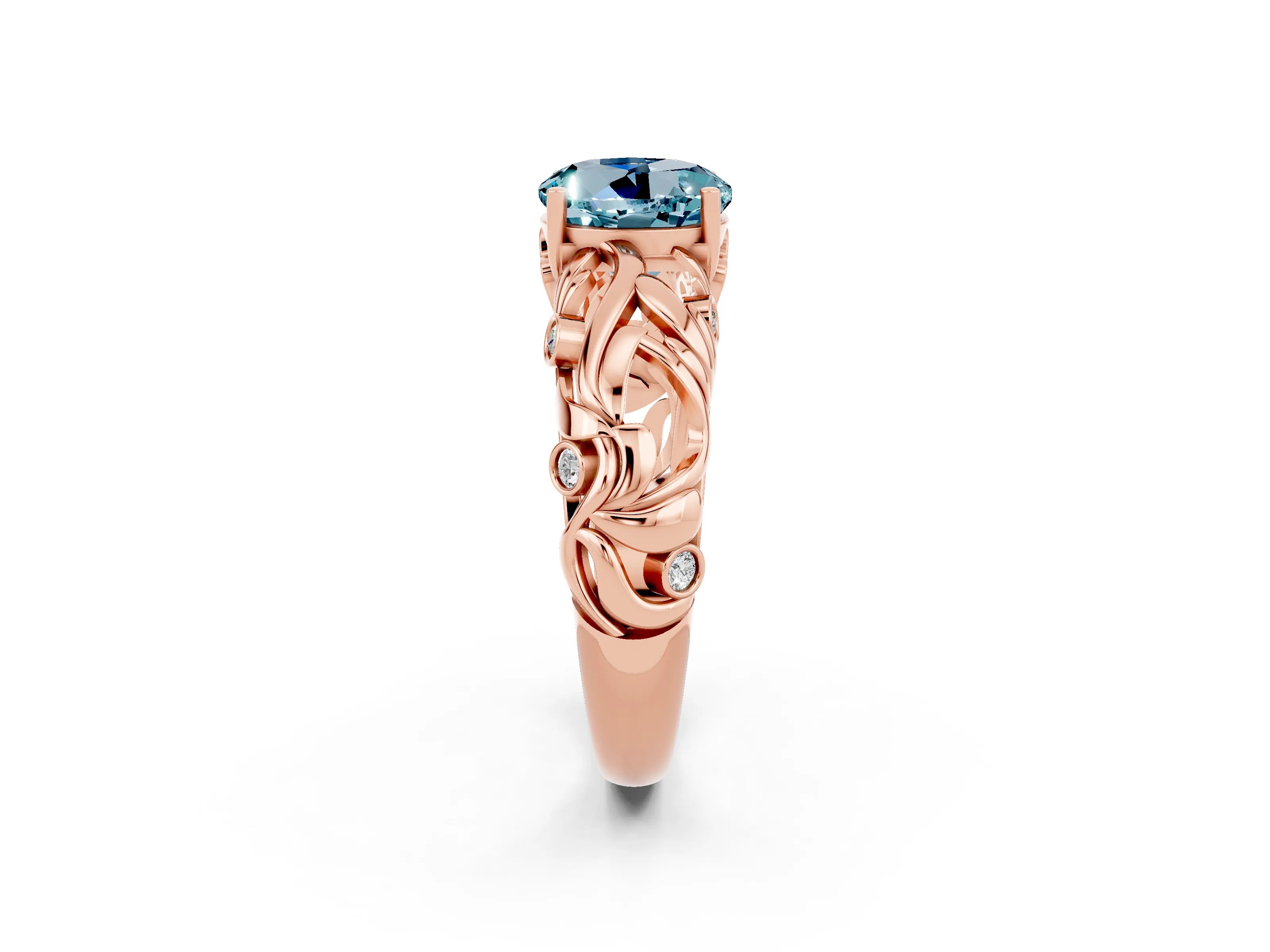 Rose gold Round Cut Solitaire Aquamarine Leaf-Inspired Vine Band Ring with Prong Setting_2