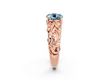 Rose gold Round Cut Solitaire Aquamarine Leaf-Inspired Vine Band Ring with Prong Setting_2