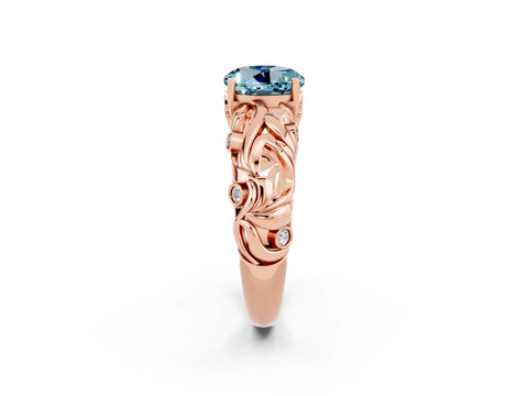 Rose gold Round Cut Solitaire Aquamarine Leaf-Inspired Vine Band Ring with Prong Setting_2