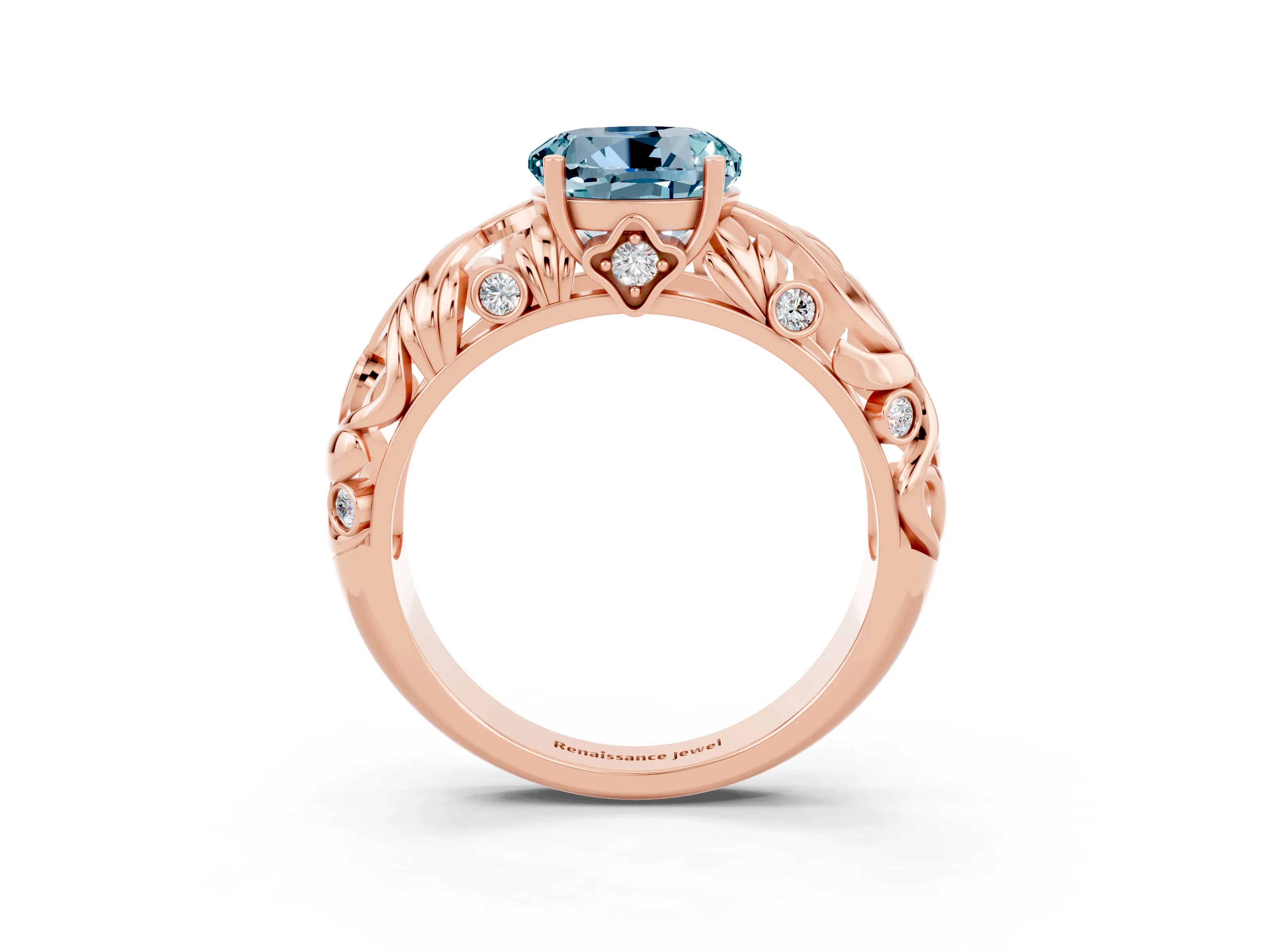 Rose gold Round Cut Solitaire Aquamarine Leaf-Inspired Vine Band Ring with Prong Setting_3