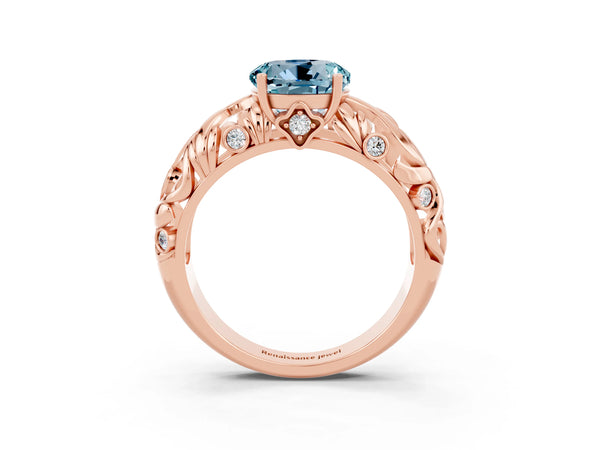 Rose gold Round Cut Solitaire Aquamarine Leaf-Inspired Vine Band Ring with Prong Setting
