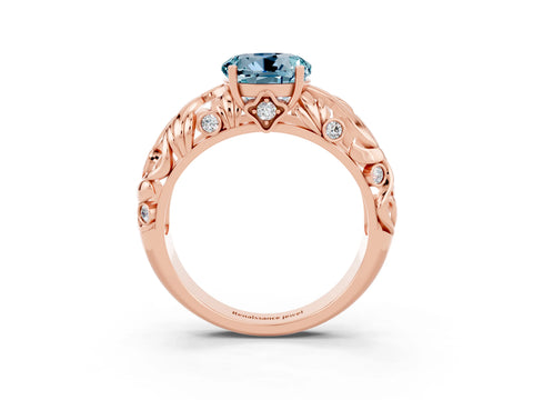 Rose gold Round Cut Solitaire Aquamarine Leaf-Inspired Vine Band Ring with Prong Setting_3