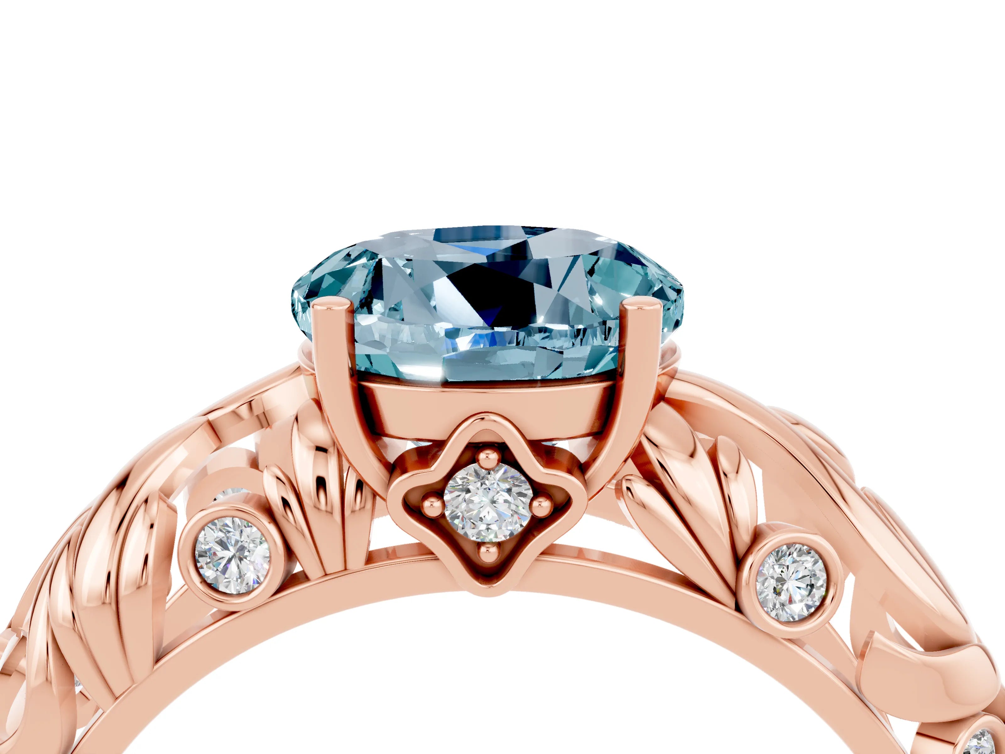 Rose gold Round Cut Solitaire Aquamarine Leaf-Inspired Vine Band Ring with Prong Setting_4