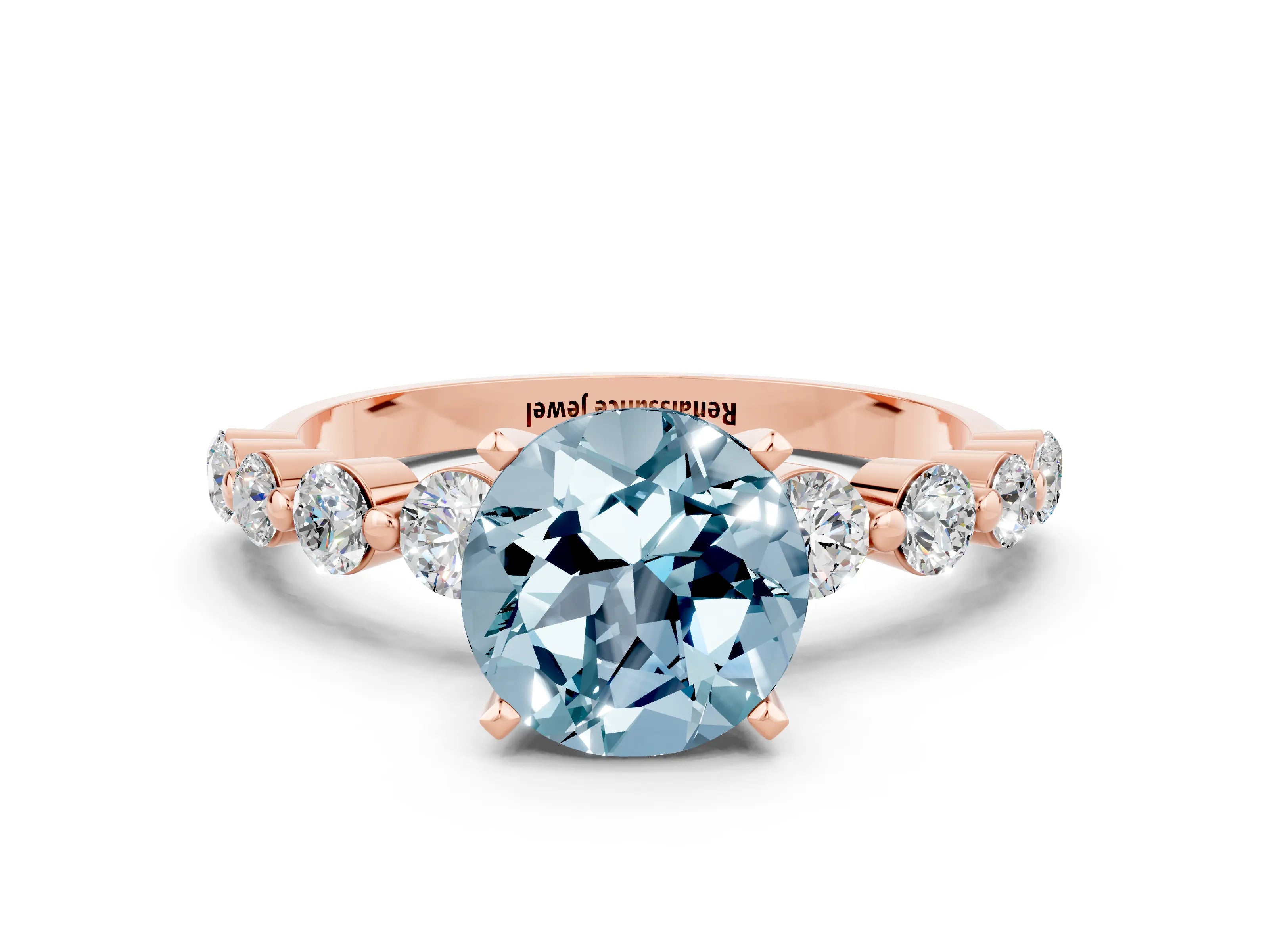 Rose gold Round Cut Solitaire Aquamarine Ring with Pave Band and Four-Prong Setting