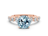 Rose gold Round Cut Solitaire Aquamarine Ring with Pave Band and Four-Prong Setting