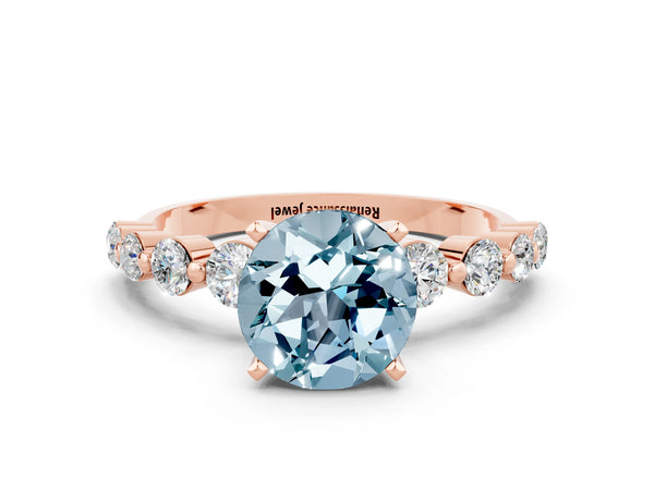 Rose gold Round Cut Solitaire Aquamarine Ring with Pave Band and Four-Prong Setting