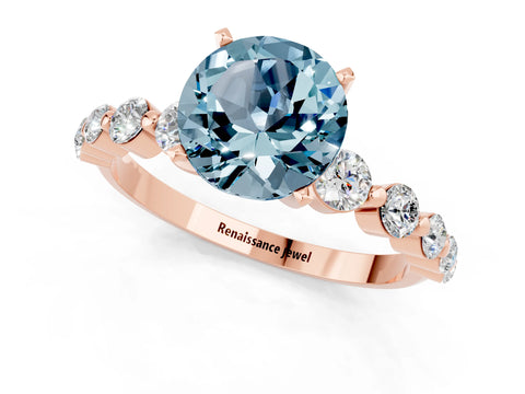 Rose gold Round Cut Solitaire Aquamarine Ring with Pave Band and Four-Prong Setting_1