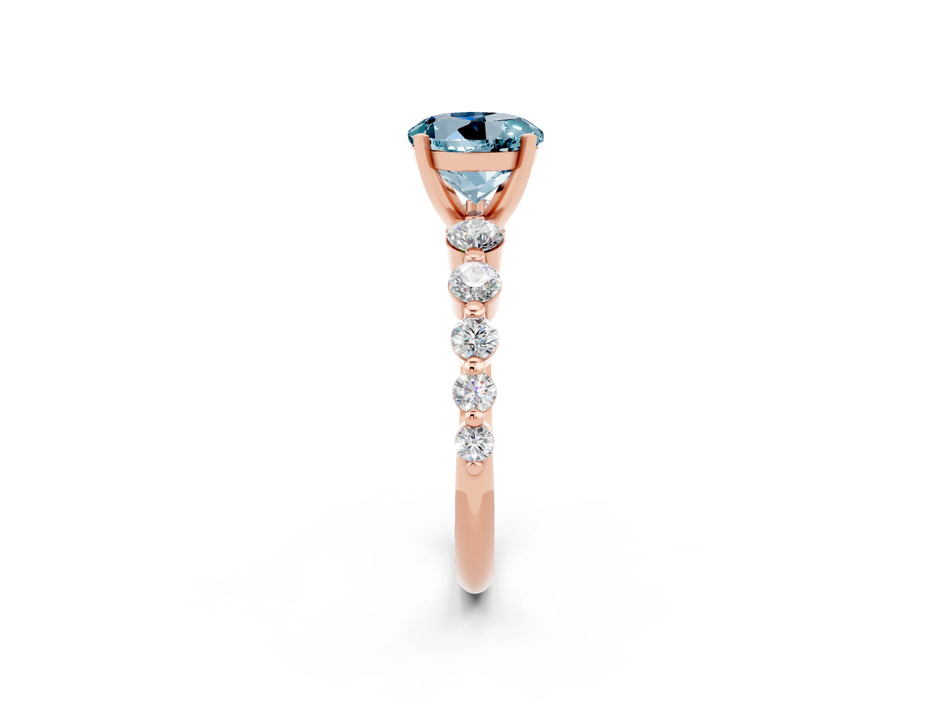Rose gold Round Cut Solitaire Aquamarine Ring with Pave Band and Four-Prong Setting_2