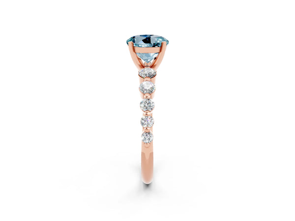 Rose gold Round Cut Solitaire Aquamarine Ring with Pave Band and Four-Prong Setting