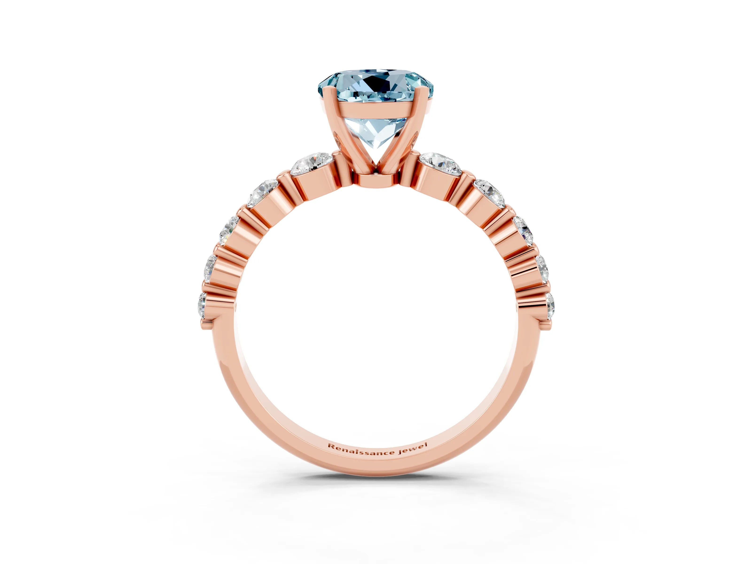 Rose gold Round Cut Solitaire Aquamarine Ring with Pave Band and Four-Prong Setting_3