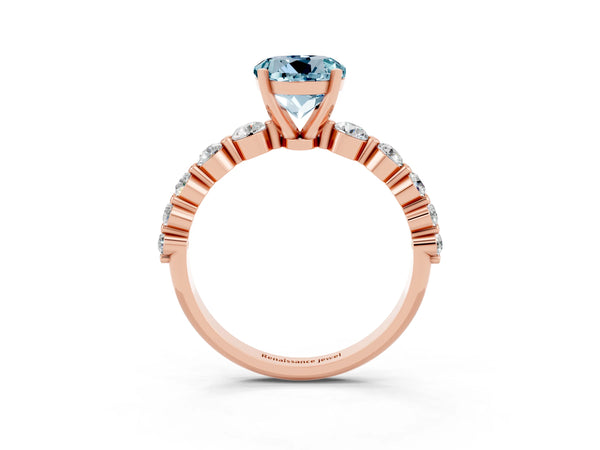 Rose gold Round Cut Solitaire Aquamarine Ring with Pave Band and Four-Prong Setting