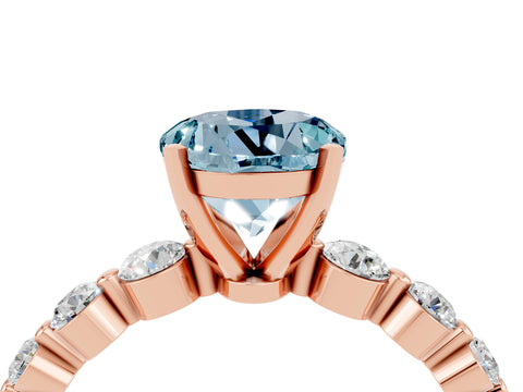 Rose gold Round Cut Solitaire Aquamarine Ring with Pave Band and Four-Prong Setting_4