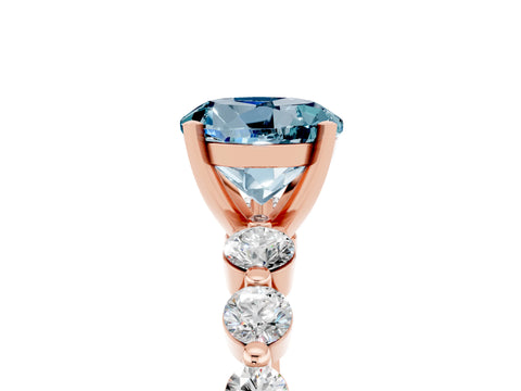 Rose gold Round Cut Solitaire Aquamarine Ring with Pave Band and Four-Prong Setting_5