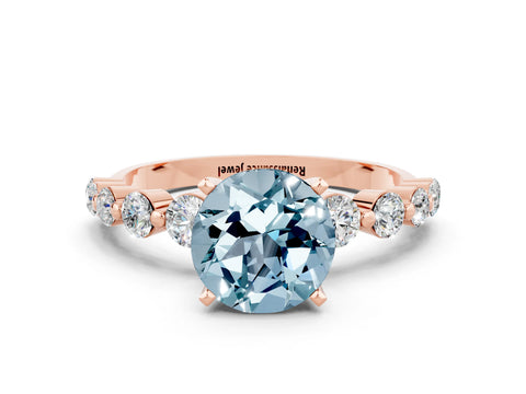 Rose gold Round Cut Solitaire Aquamarine Ring with Pave Band and Four-Prong Setting