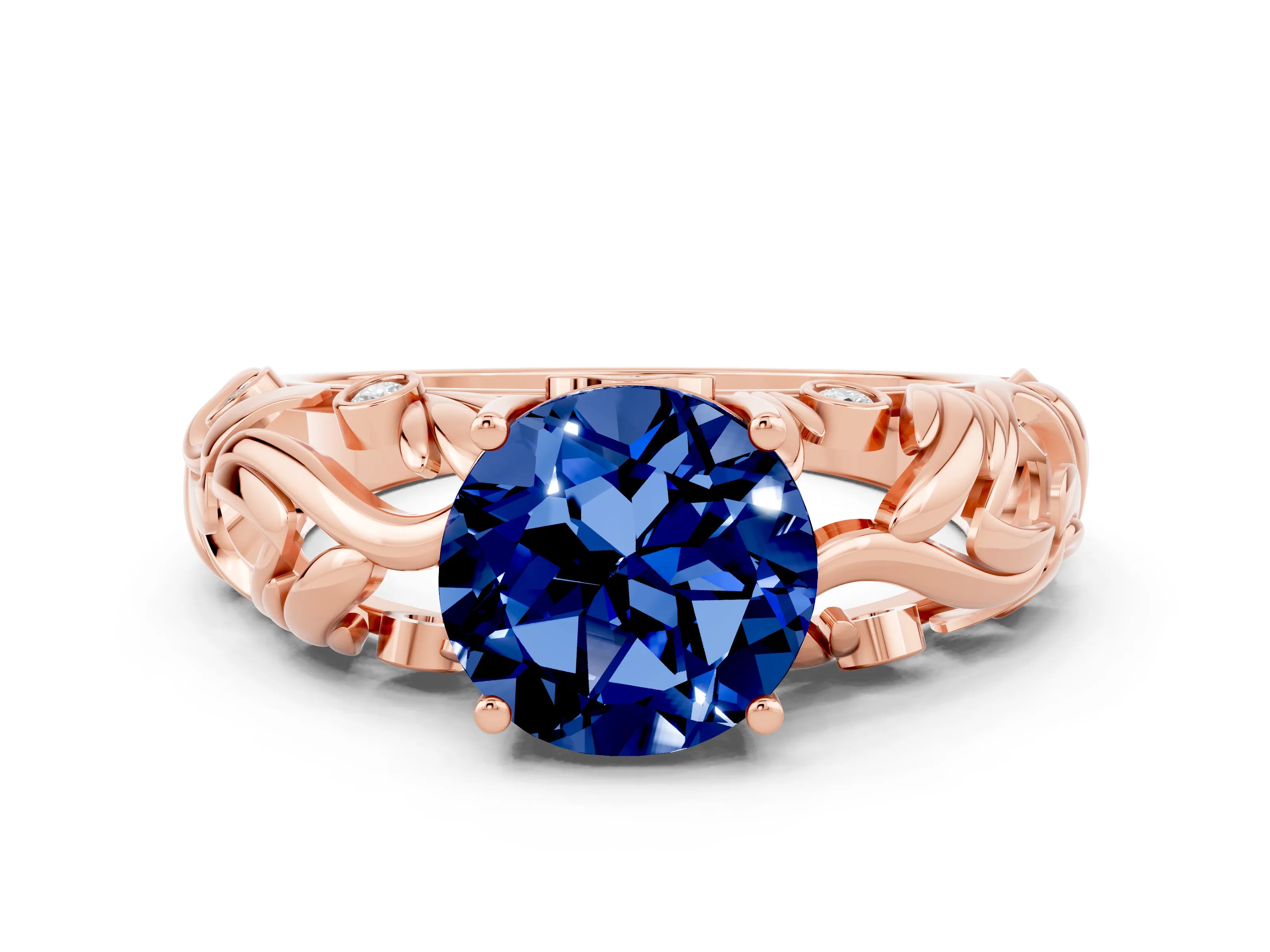 Rose gold Round Cut Solitaire Blue Sapphire Leaf-Inspired Vine Band Ring with Prong Setting