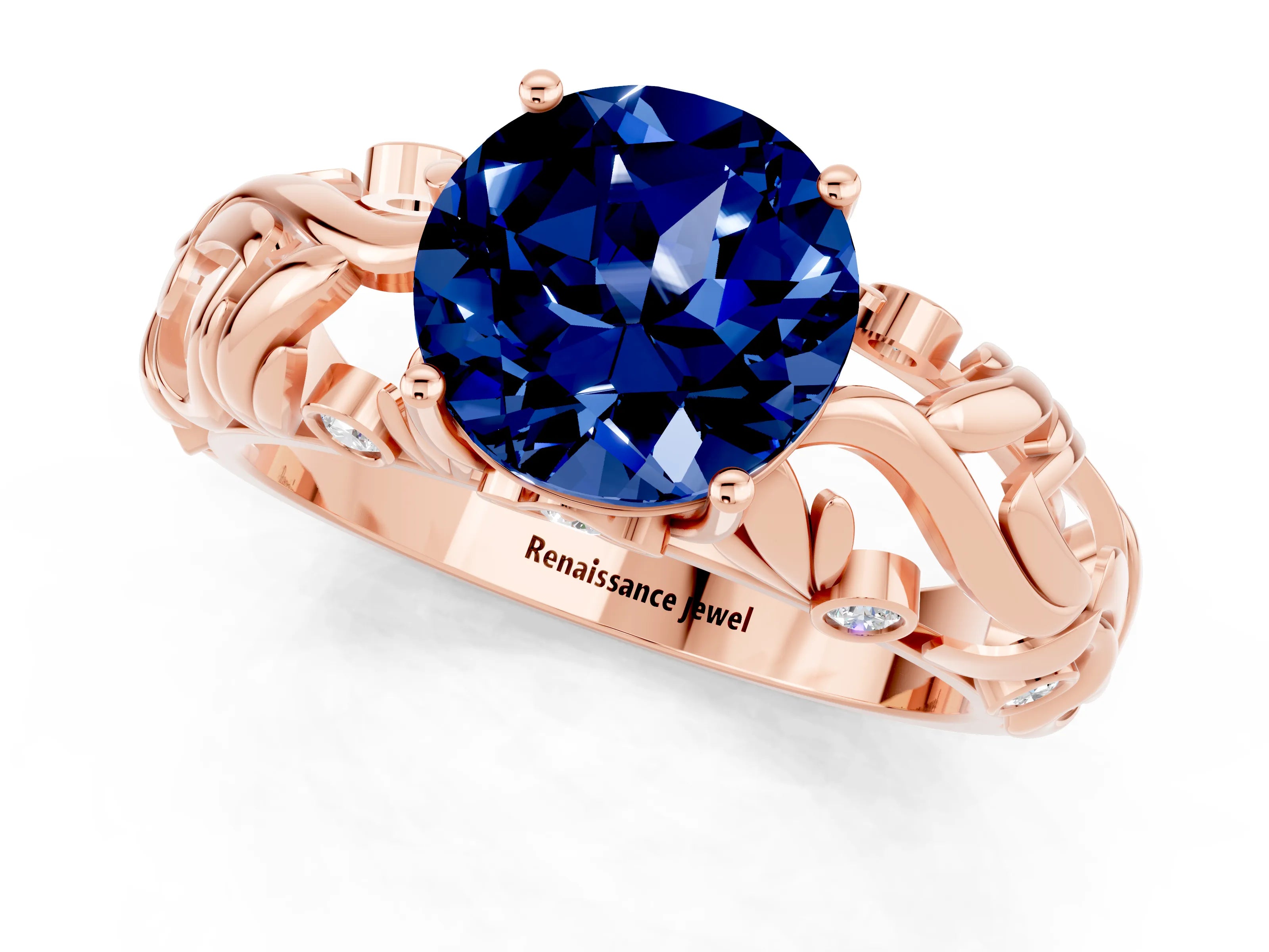 Rose gold Round Cut Solitaire Blue Sapphire Leaf-Inspired Vine Band Ring with Prong Setting_1