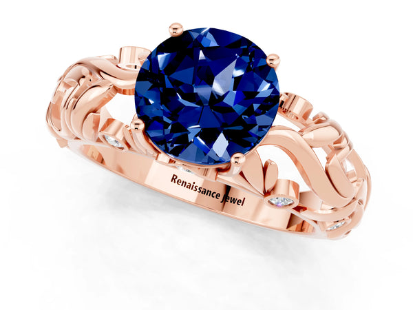 Rose gold Round Cut Solitaire Blue Sapphire Leaf-Inspired Vine Band Ring with Prong Setting