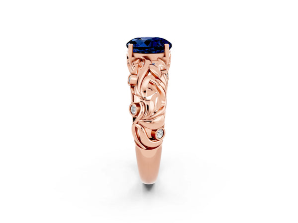 Rose gold Round Cut Solitaire Blue Sapphire Leaf-Inspired Vine Band Ring with Prong Setting