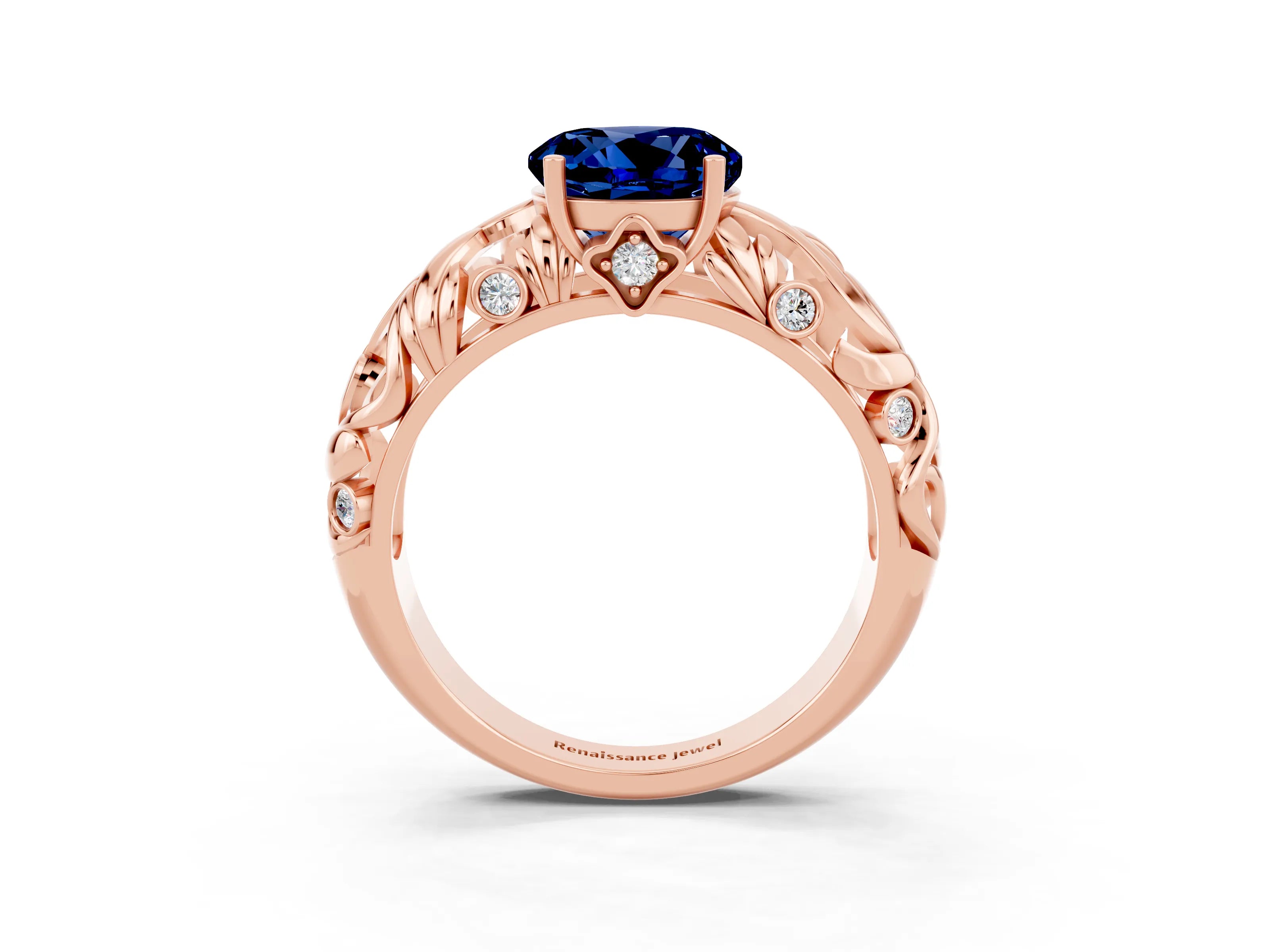 Rose gold Round Cut Solitaire Blue Sapphire Leaf-Inspired Vine Band Ring with Prong Setting_3