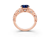 Rose gold Round Cut Solitaire Blue Sapphire Leaf-Inspired Vine Band Ring with Prong Setting_3