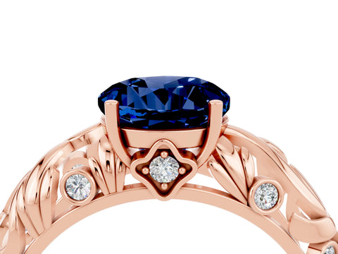 Rose gold Round Cut Solitaire Blue Sapphire Leaf-Inspired Vine Band Ring with Prong Setting_4