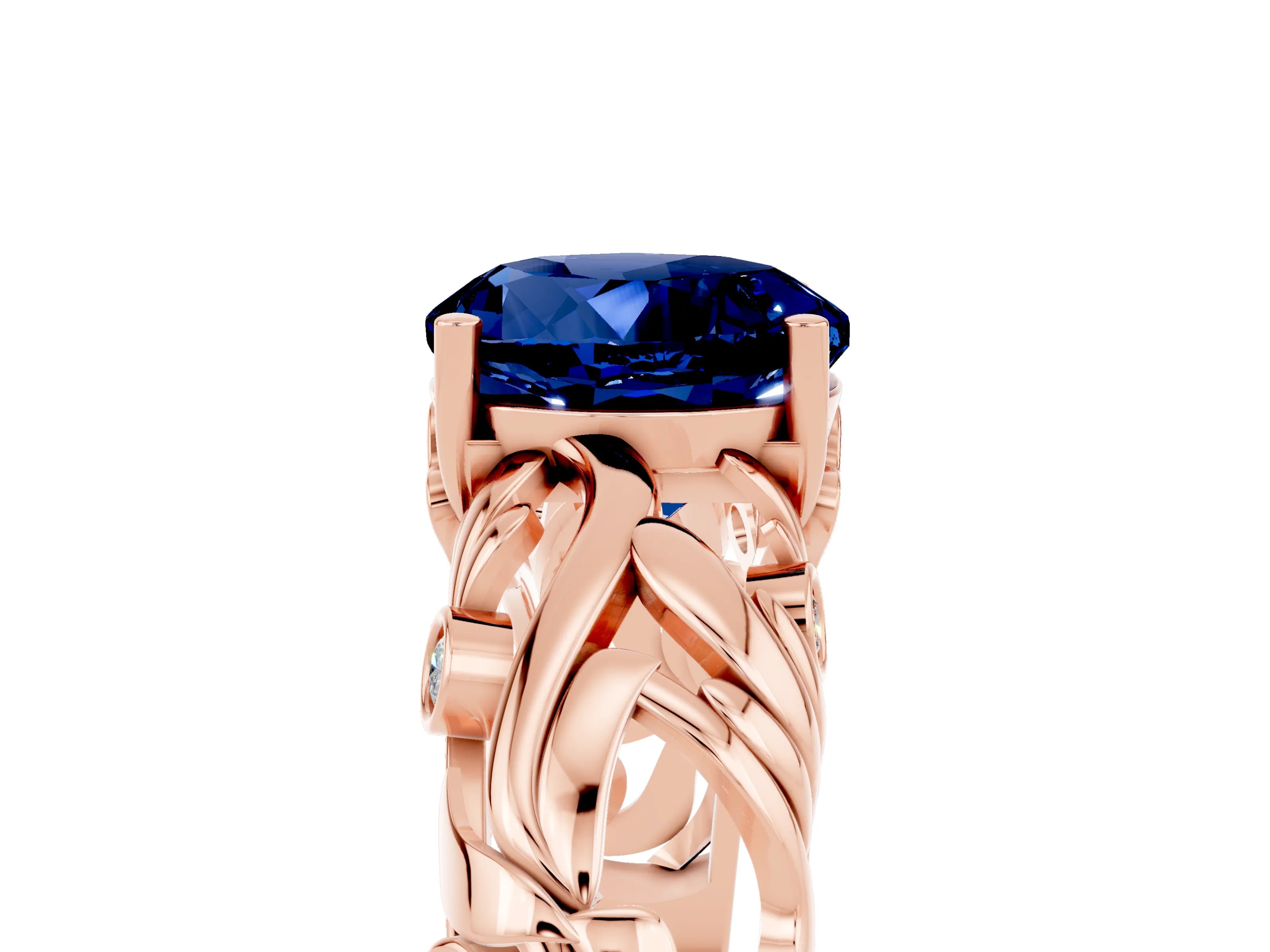 Rose gold Round Cut Solitaire Blue Sapphire Leaf-Inspired Vine Band Ring with Prong Setting_5