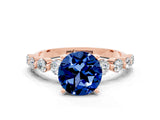Rose gold Round Cut Solitaire Blue Sapphire Ring with Pave Band and Four-Prong Setting