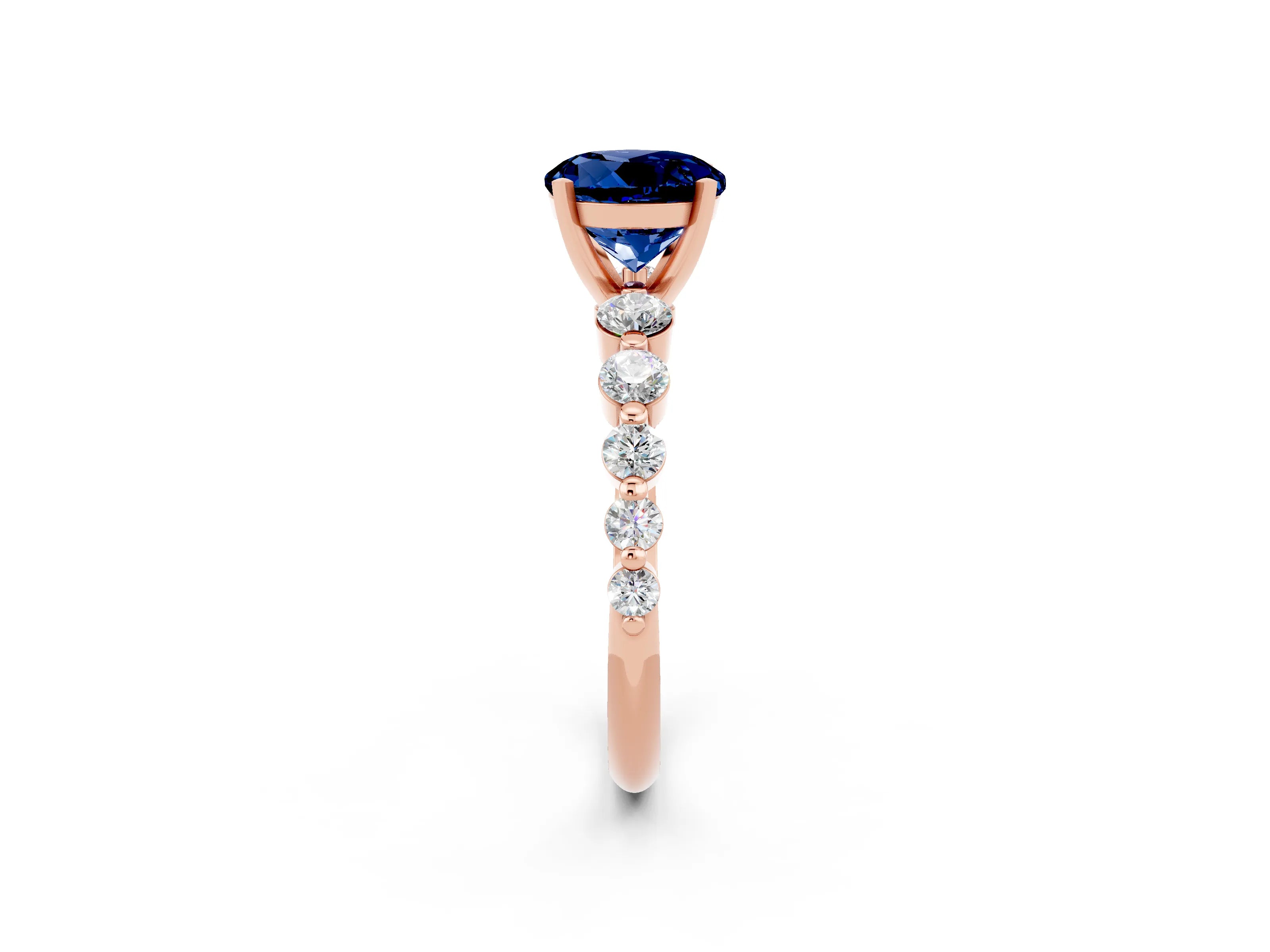 Rose gold Round Cut Solitaire Blue Sapphire Ring with Pave Band and Four-Prong Setting_2