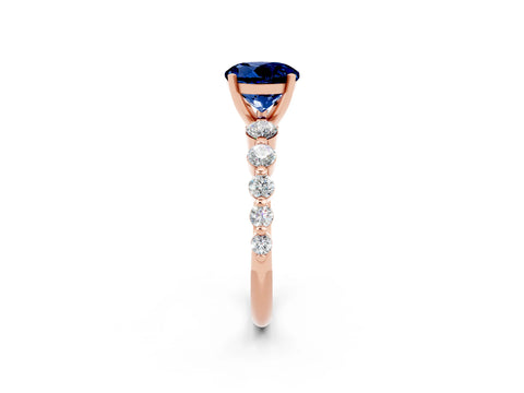 Rose gold Round Cut Solitaire Blue Sapphire Ring with Pave Band and Four-Prong Setting_2