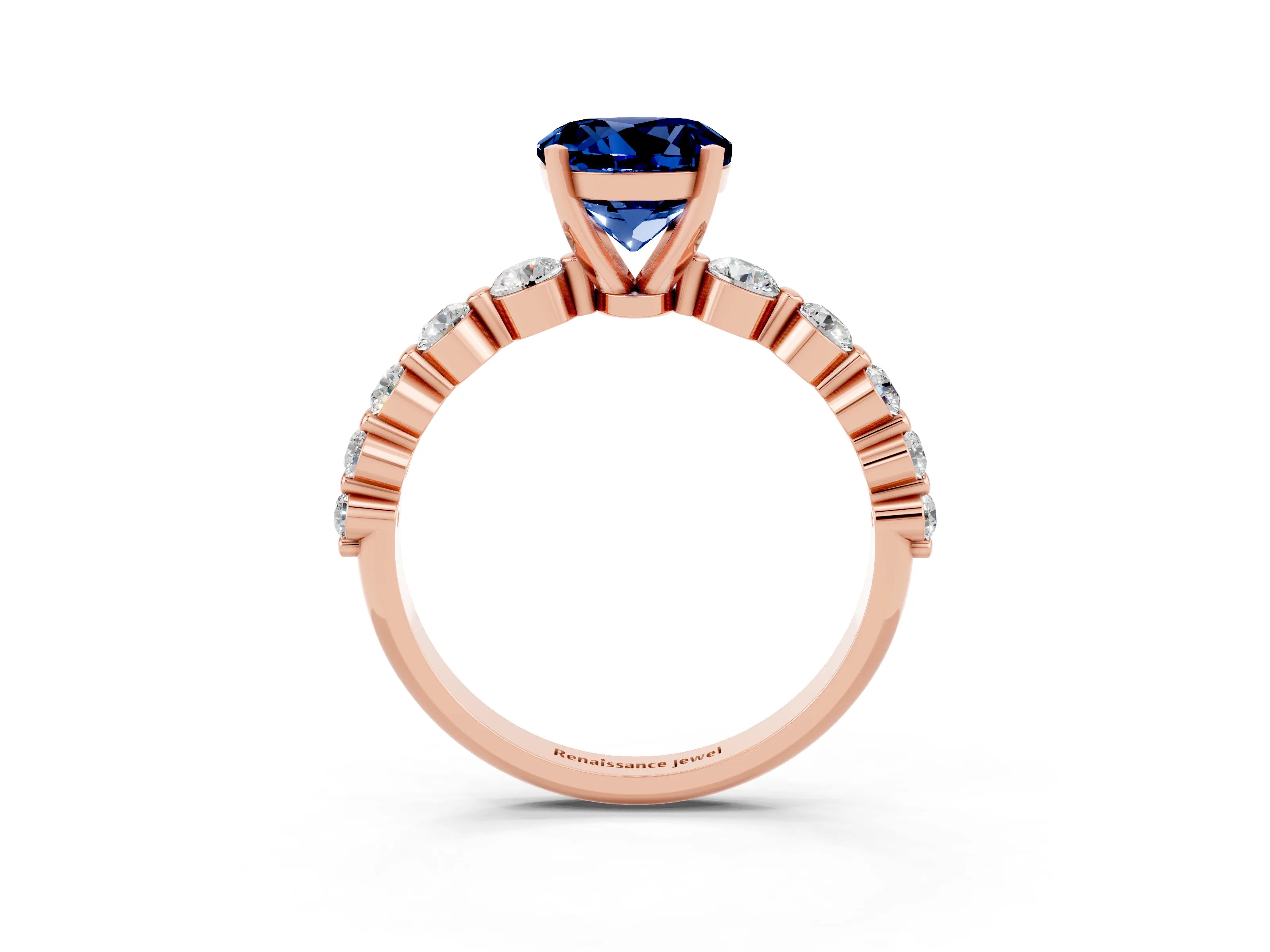 Rose gold Round Cut Solitaire Blue Sapphire Ring with Pave Band and Four-Prong Setting_3