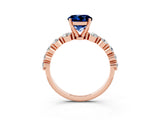 Rose gold Round Cut Solitaire Blue Sapphire Ring with Pave Band and Four-Prong Setting_3