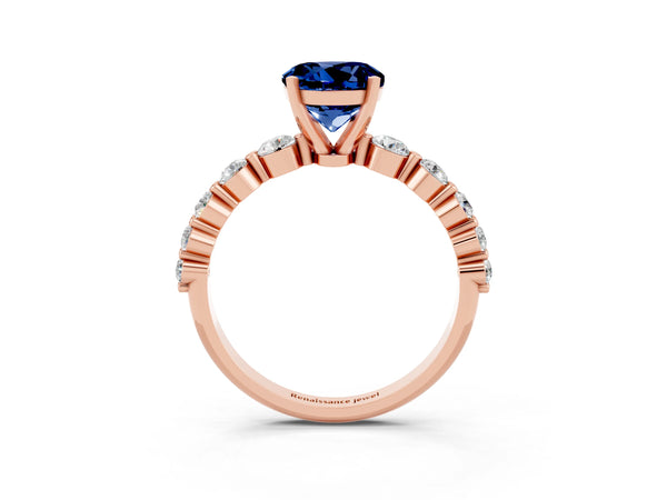Rose gold Round Cut Solitaire Blue Sapphire Ring with Pave Band and Four-Prong Setting