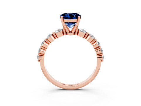 Rose gold Round Cut Solitaire Blue Sapphire Ring with Pave Band and Four-Prong Setting_3