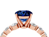 Rose gold Round Cut Solitaire Blue Sapphire Ring with Pave Band and Four-Prong Setting_4